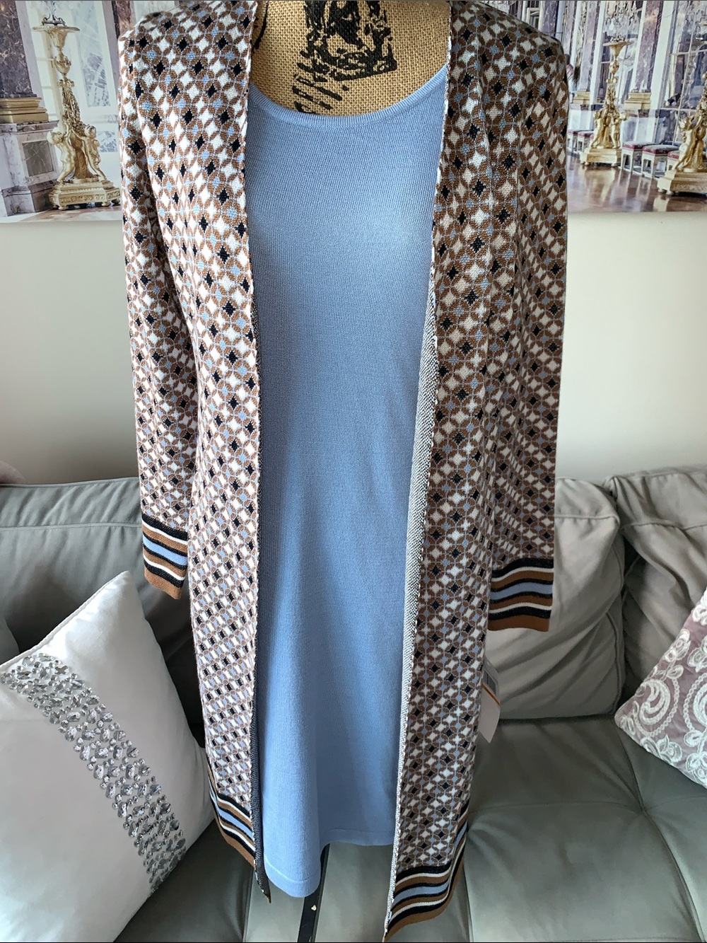 NWT NINA LEONARD Long Patterned Open-Front Cardigan Dress in Brown and Blue